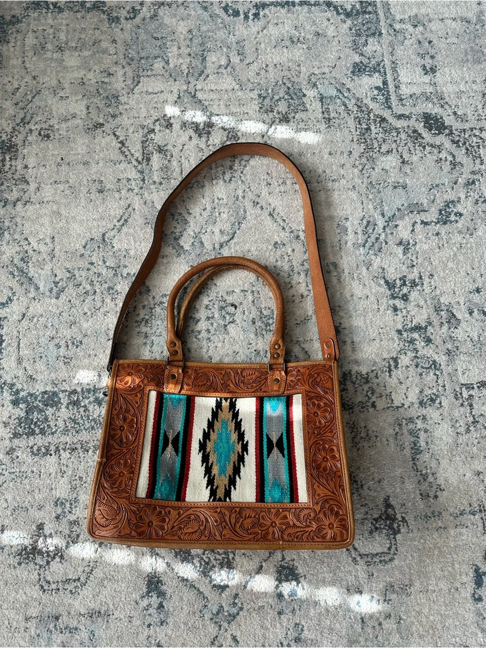 Vintage Tooled Leather Tote with Turquoise Southwestern Panel
